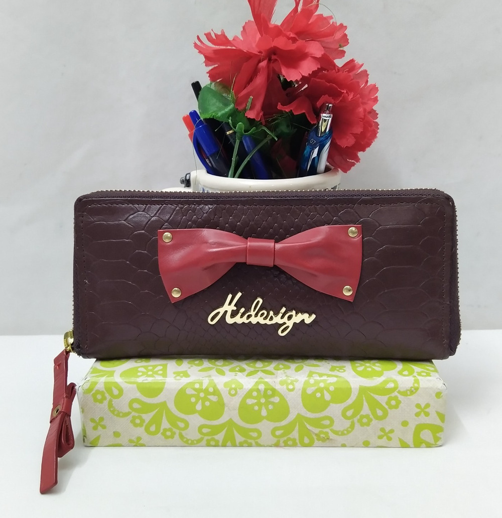 Hidesign Brown Leather Snakeskin Embossed Bow Zip Around Credit Card Wallet